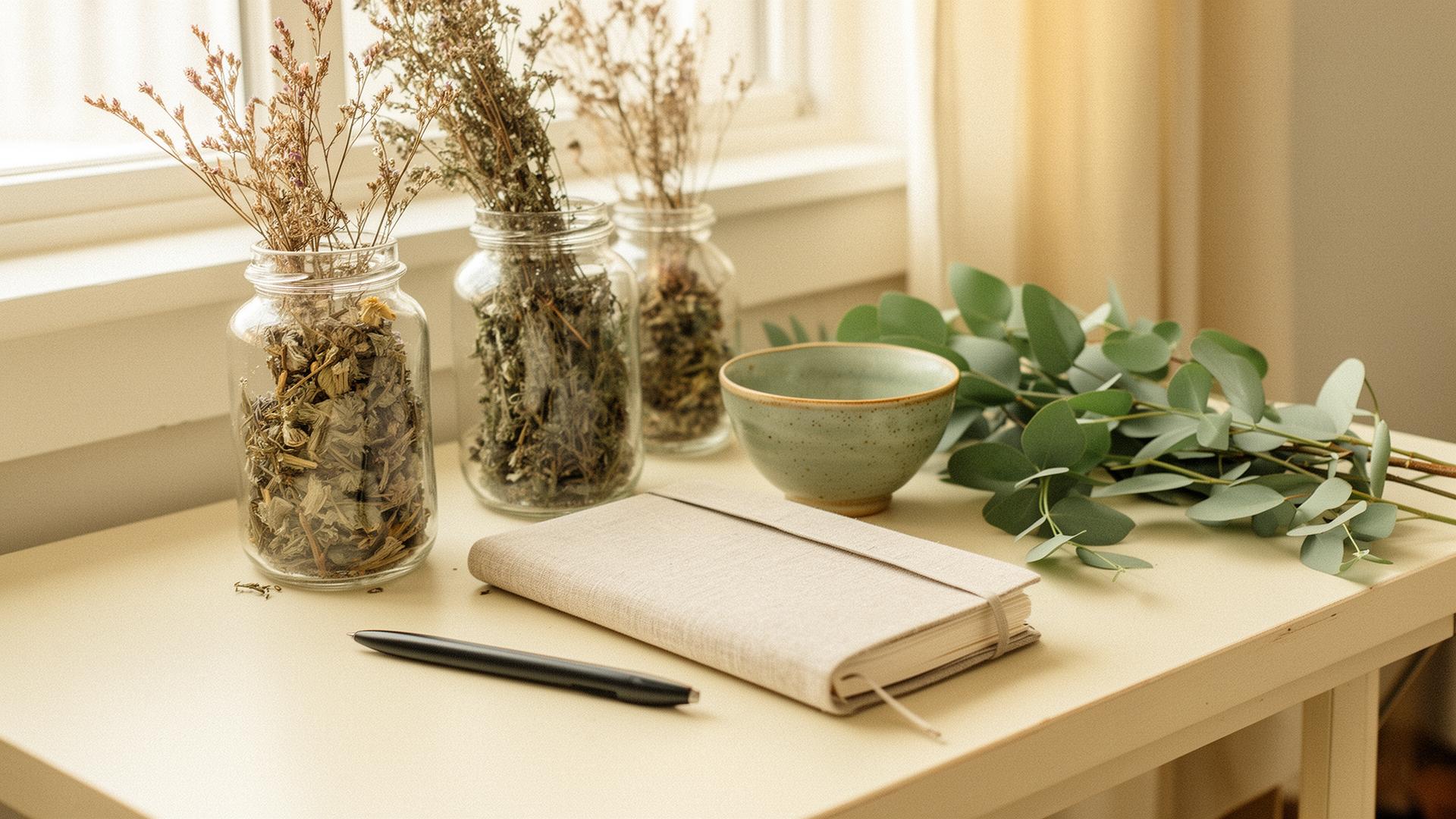 Holistic wellness workspace with herbs and natural elements