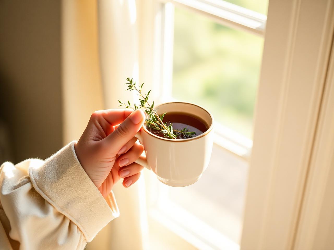 Hands holding a warm ceramic mug of herbal tea by a sunlit window