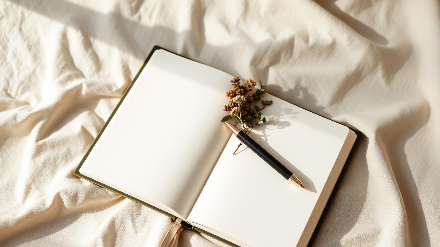 Open journal with dried flowers on cream linen in warm morning light