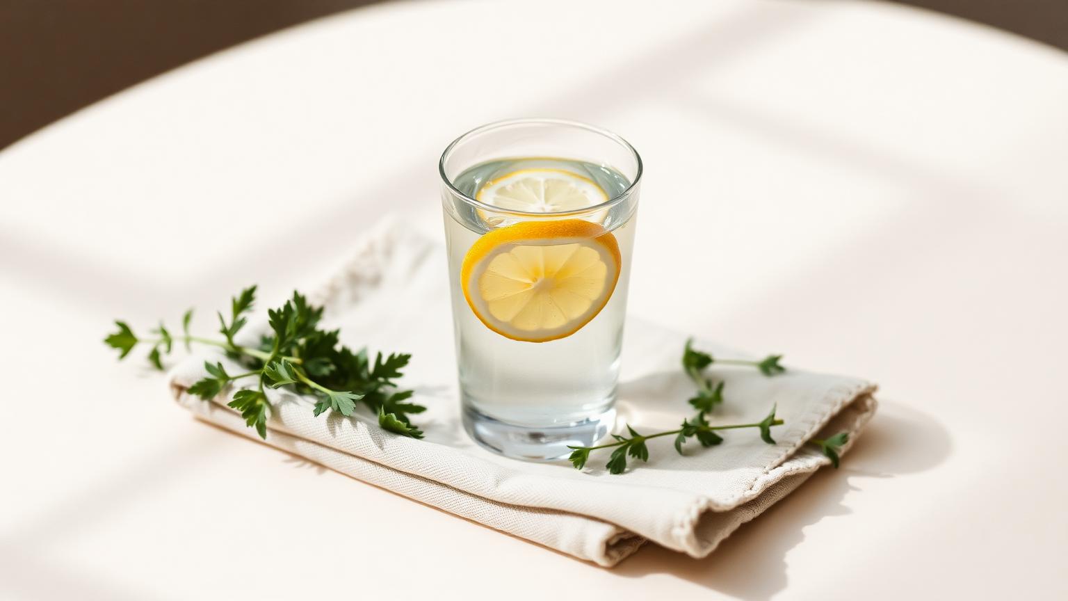 Glass of lemon water with fresh herbs in soft morning light
